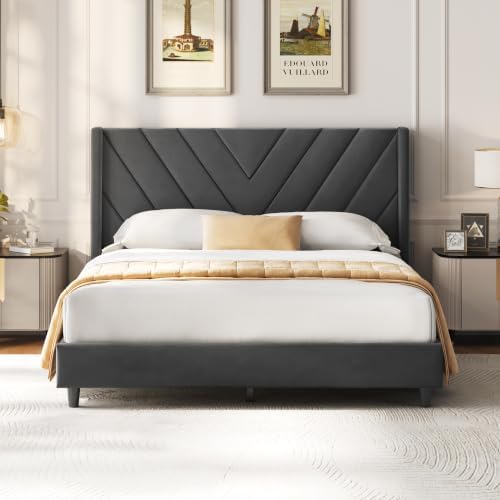 Yaheetech Queen Bed Frame with Chevron Channel-Tufted Headboard, Deep Gray - Image 3