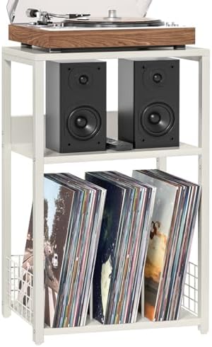 LELELINKY Large White Record Player Stand, 3 Tier 18" Wide Big End Table by LELELINKY