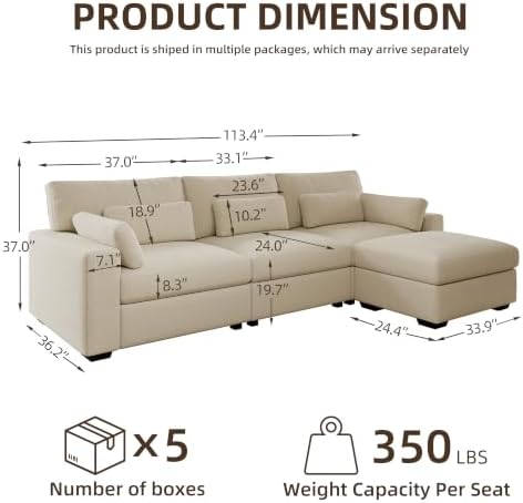 WorthFurni 113.4'' Modular Sectional Sofa, L Shaped Oversized Extra Deep Couches - Image 2