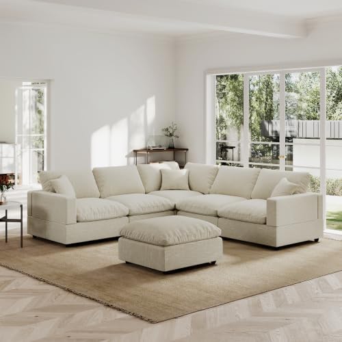 Modern Sectional Linen Couch for Living Room V-Shape Sofas, 6 Seat Modular by Gtilzria