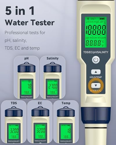 Pawfly Pool Salt Tester & pH Meter, 5 in 1 pH Salinity TDS EC & Temperature - Image 2