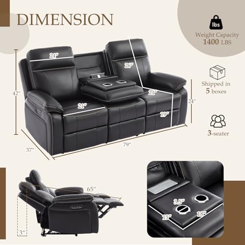 Power Reclining Sofa with Fold Down Table, Breathable Leather Electric - Image 2