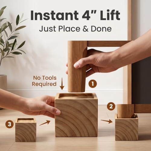 Lufia 4 Inch Solid Pine Wood Furniture Risers Set of 4, 2000 LBS Heavy Duty - Image 6