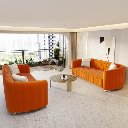 2-Piece Orange Velvet Tufted Sofa Set - Image 5