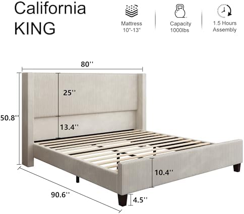 VanAcc California King Size Corduroy Platform Bed Frame - Image 2
