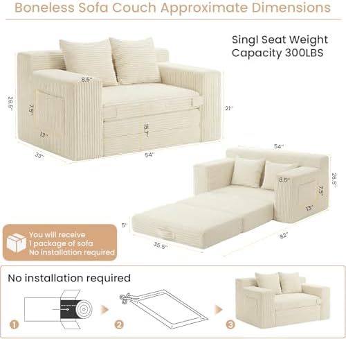 Boneless Loveseat Sofa Bed, Tri-Folding Convertible Futon Sleeper - Image 3