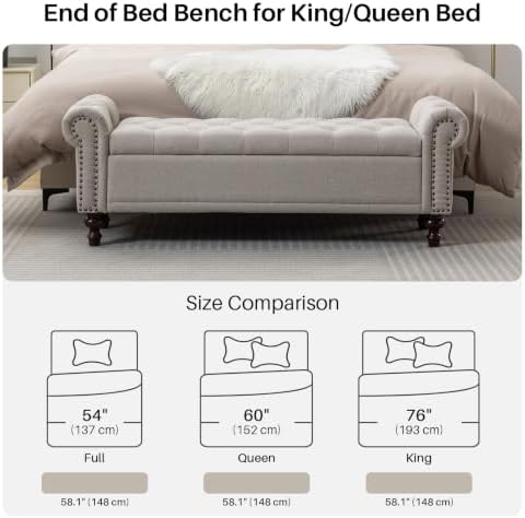 SOFTHION 58.1" Storage Bench for Bedroom, Linen Upholstered, Light Brown - Image 5