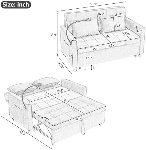 3 in 1 Convertible Sleeper Sofa Bed, 56.9" Small Pull Out Couch Bed - Image 2