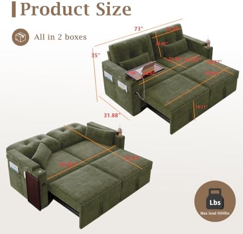 73'' Sleeper Sofa Bed Queen, Corduroy Pull Out Couch - Image 3