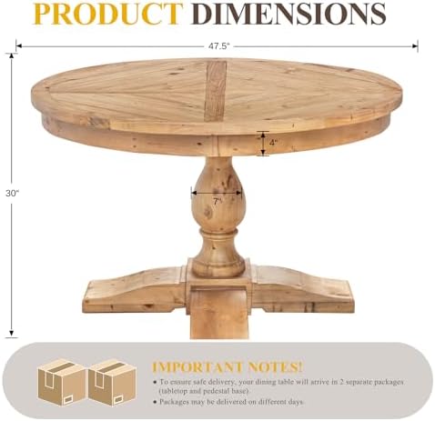 47" Round Dining Table with Wooden Pedestal Base, Reclaimed Pine Wood Dinner - Image 2