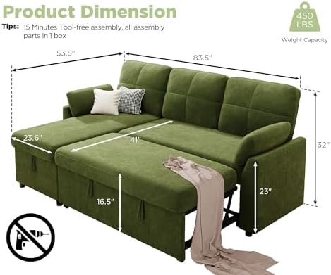 VanAcc Sleeper Sofa with Storage, Sofa Bed with Pull Out Couch - Image 2