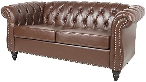 LEVNARY Leather Sofa, Chesterfield Tufted Upholstered 2 Seater Couch, Modern - Image 6