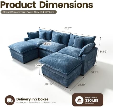 108'' U Shaped Cloud Couch, 3-Seater Sofa - Image 2