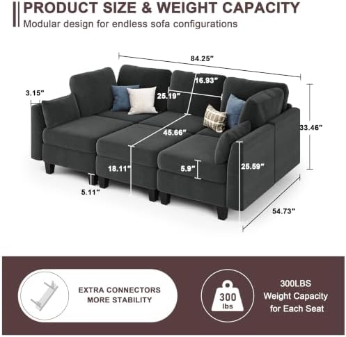 Sectional Sleeper Sofa, 6 Seaters Modular Sleeper Sofa Couch, Dark Grey - Image 3