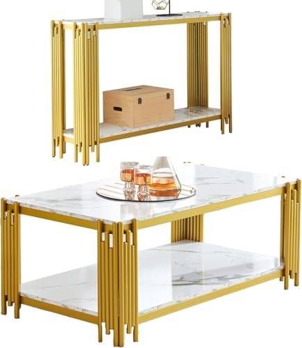 White Marble Coffee Table Set of 2, Faux Marble Coffee Tables and Gold White by Unknown