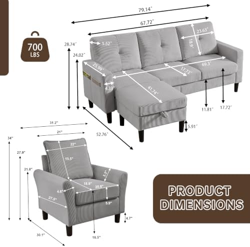 2 Piece Corduroy L Shaped Sectional Sofa Couch Set - Image 2