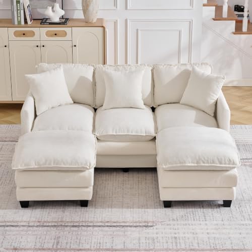 72'' Cloud 3 Seater Couch with 2 Ottomans, U Shaped Sofa with 3 Throw Pillows by HOCAT