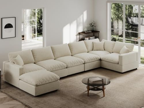 Modern Sectional Linen Couch for Living Room V-Shape Sofas, 7 Seat Modular by Gtilzria