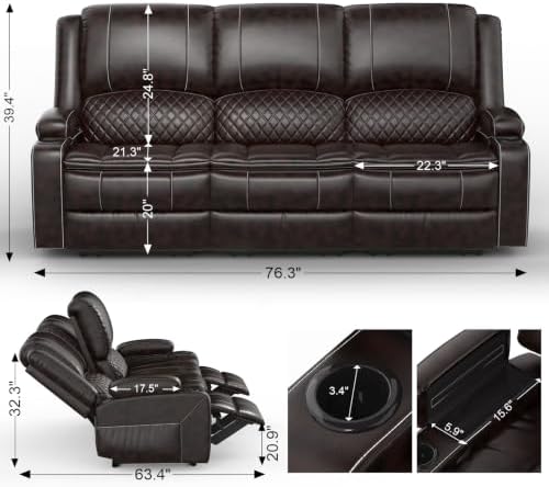 Yolsali 3 Seater Reclining Sofa, Reclining Couch Wall Hugger - Image 2