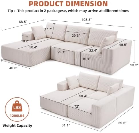 108" Boneless Couch with Chaise, Cloud Sectional Modular Sofa - Image 3