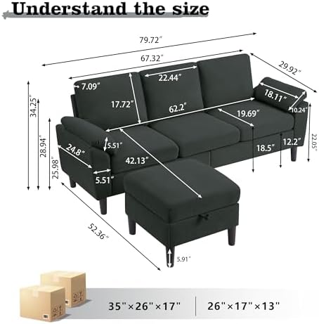 80" Convertible Sectional Sofa, Modern Linen Small L Shaped Couch - Image 2