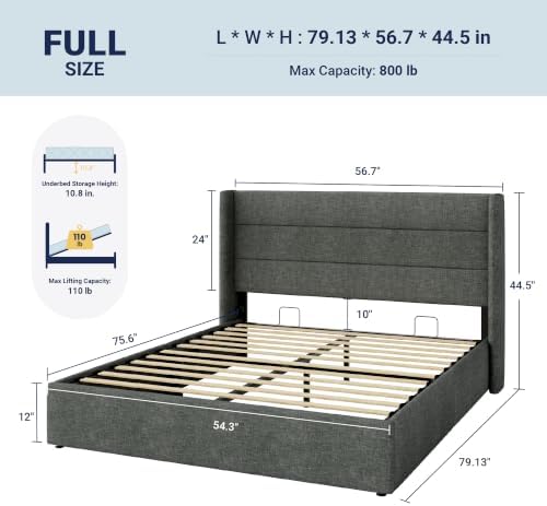 Allewie Full Size Lift Up Hydraulic Storage Bed Frame Dark Grey - Image 2