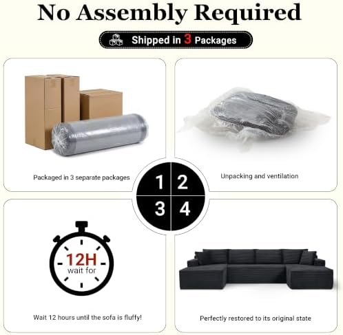 134 inch Boneless Couch, U-Shaped Modular Sectional Sleeper Sofa, Dark Grey - Image 5