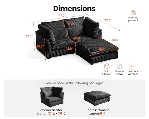 77" Oversized Corduroy Modular Sectional Sofa Couches - Image 2