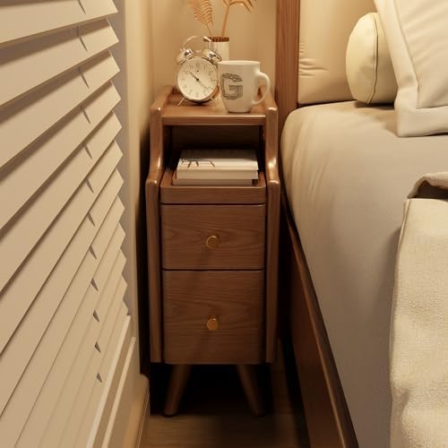 AQIMUELE Small Nightstand with Drawers, Solid Wood Bedside Table, Narrow Walnut - Image 5