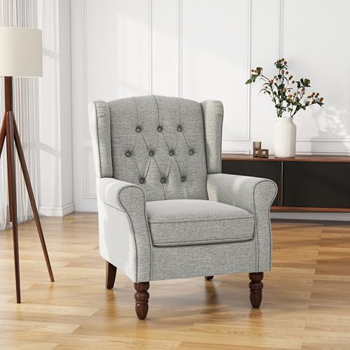 High Back Accent Chairs Set of 2, Light Gray Fabric Wingback Armchair - Image 4