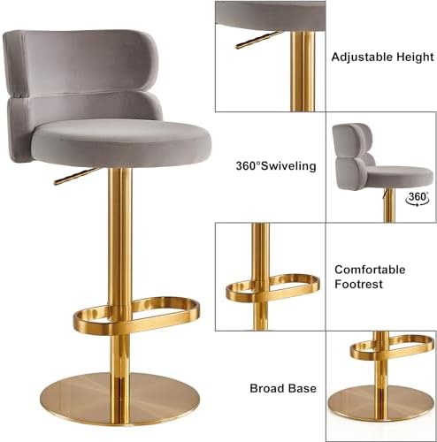 Modern Velvet Bar Stool, Swivel Adjustable Height Kitchen Counter Stool - Image 4