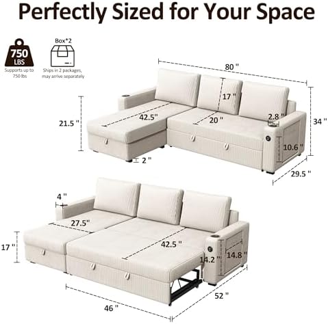 Ball & Cast 80" Sectional Sleeper Sofa Bed Pull Out Couches - Image 2