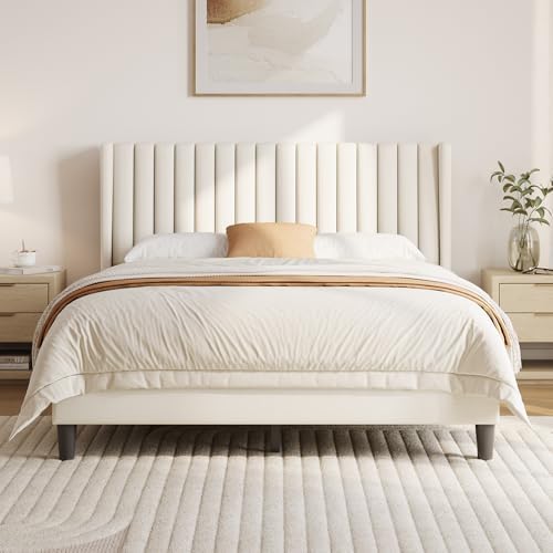 Yaheetech Queen Bed Frame with Headboard, Ivory Channel-Tufted Platform by Yaheetech
