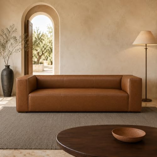 90.94-Inch Cognac Tan Faux Leather Sofa, Modern 3-Seater Couch - Image 6