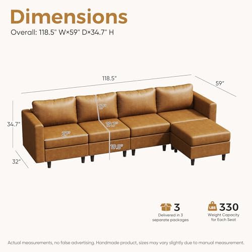 ABCASA 118.5" Faux Leather Modular Sectional Sofa, L Shaped Couch Set - Image 2