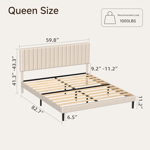 Queen Velvet Bed Frame with Vertical Channel Tufted Headboard Beige - Image 2