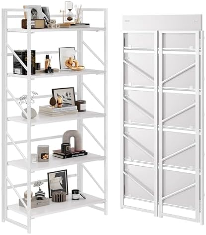 JSB No Assembly Folding Bookshelf, 5 Tier Industrial Metal Book Shelf by HomeFurniture