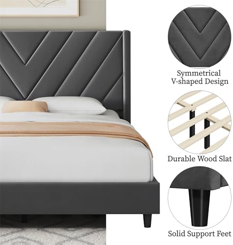 Yaheetech Queen Bed Frame with Chevron Channel-Tufted Headboard, Deep Gray - Image 5