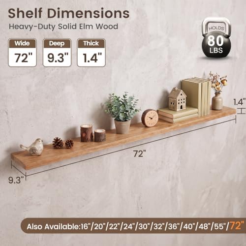 72 inch Floating Shelves for Wall, Elm Wood Flat Edge - Image 3