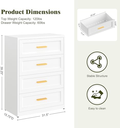 Washsemba Metal 4 Drawer Dresser, 15.8" D x 31.5" W x 39.25" H, Home White - Image 3