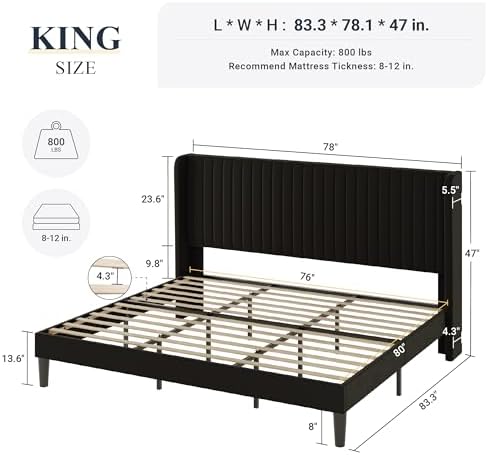 Allewie King Size Velvet Bed Frame/Vertical Channel Tufted Wingback - Image 2