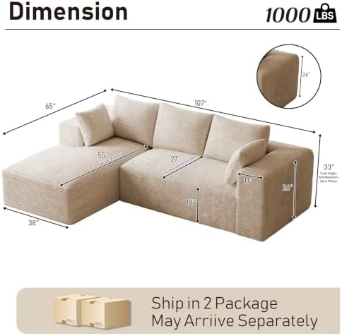 ONEMMLION 107" L-Shaped Cloud Boneless Couch Sofa - Image 2
