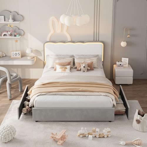 IDEALHOUSE Full LED Bed, 2 Drawer Trundle, Light Gray Wave Headboard - Image 4