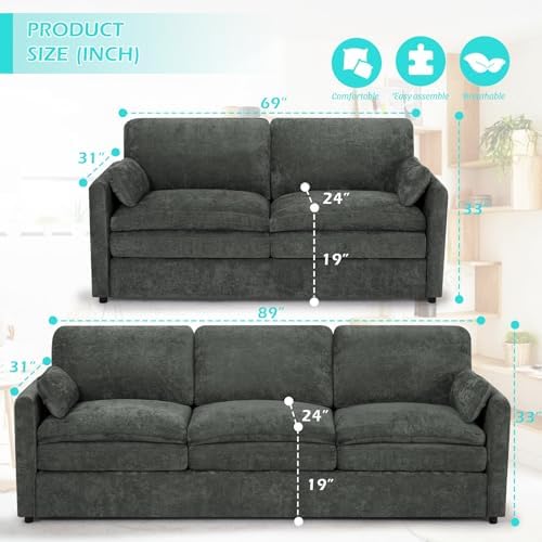 Chenille 2-Seater & 3-Seater Sofa Set w/Two Arm Pillows - Image 2