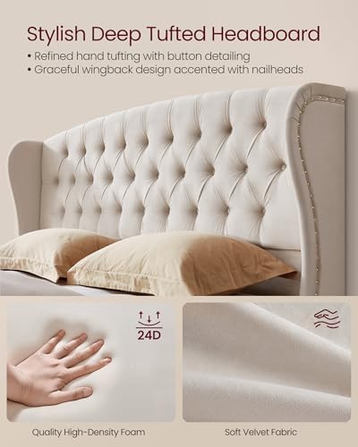 VASAGLE King Platform Bed Frame, Upholstered, Wooden Slats - Image 4