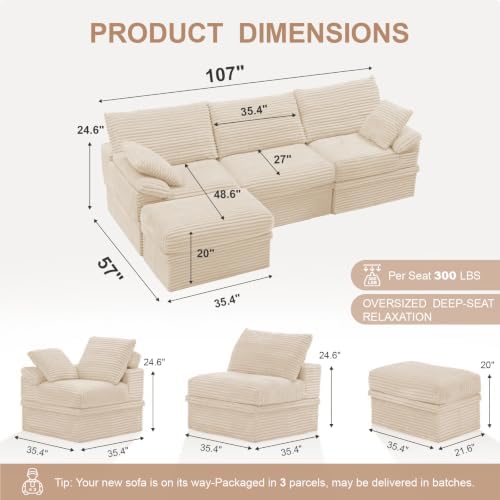 107" Boneless Couch with Storage, 48.6" Extra Deep-High Seat Modular Sectional - Image 3