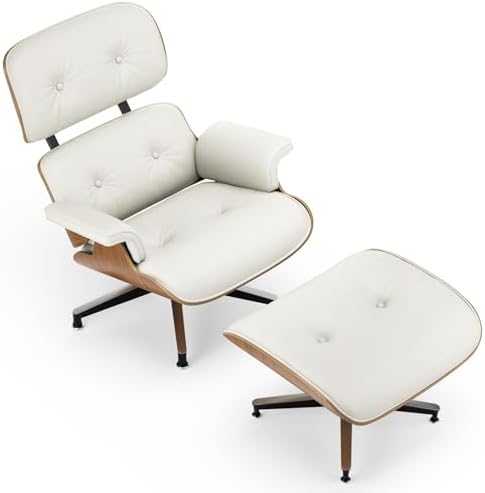 Top White Grain Leather, Mid Century Chaise Lounge Chair and Ottoman, Modern by SAINCH