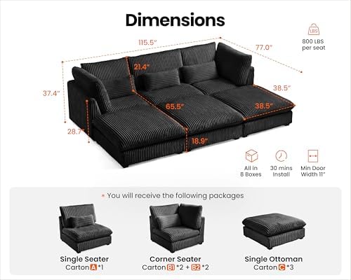 115" Oversize Corduroy Modular Sectional Sofa Couches - Image 2