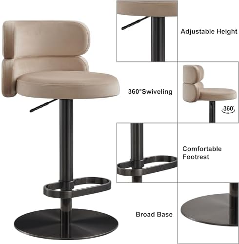 Modern Velvet Bar Stool, Swivel Adjustable Height Kitchen Counter Stool - Image 4