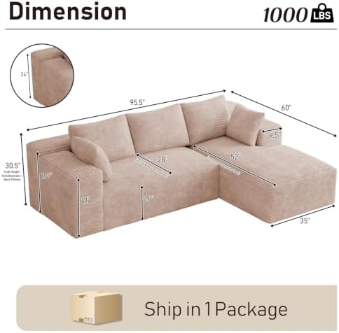 ONEMMLION 96" L-Shaped Cloud Boneless Couch Sofa - Image 2
